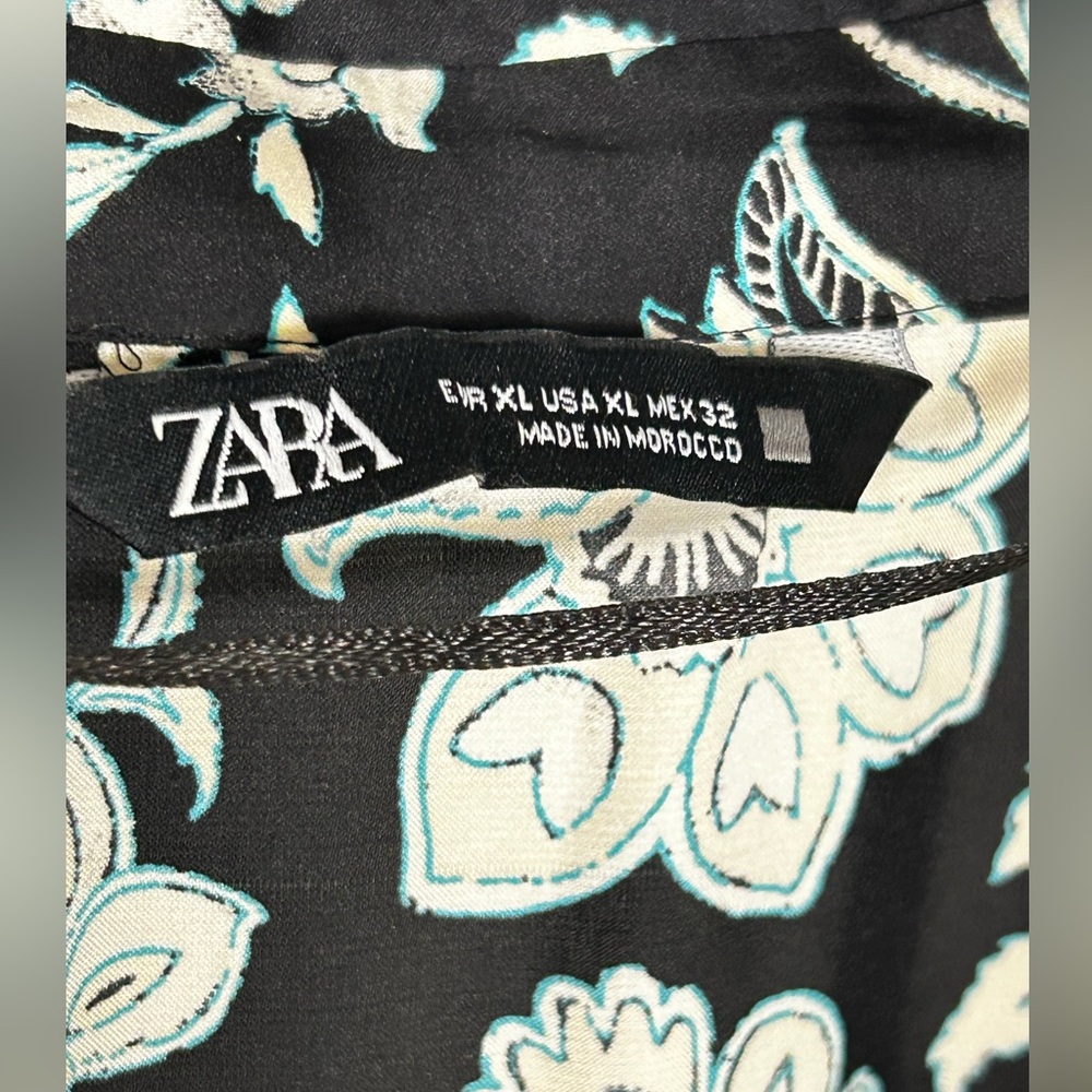 ZARA Floral Satin Effect Long Sleeve Shirt Dress Black White Size XL Fall Style - Picture 15 of 16